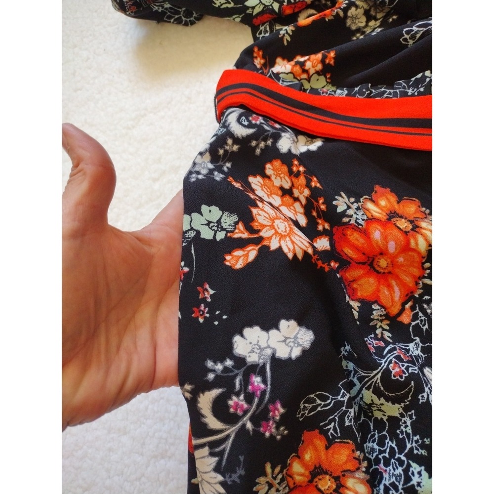ECI New York Jumpsuit Woman 8 Orange Black Floral Stretch Boho V Neck Pocket - Picture 7 of 8